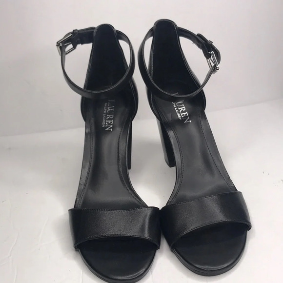 Lauren Ralph Lauren Black Leather Block Heel Ankle Strap Sandals - Picture 1 of 10